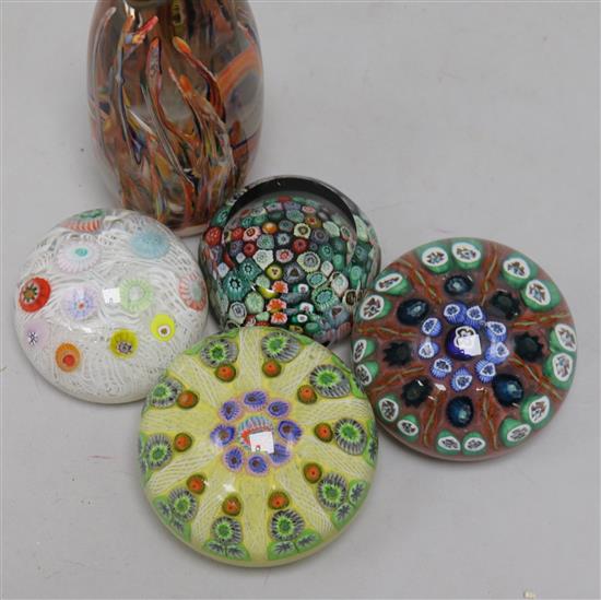Four Strathearn millefiori glass paperweights and a similar Seawood Cone (5)